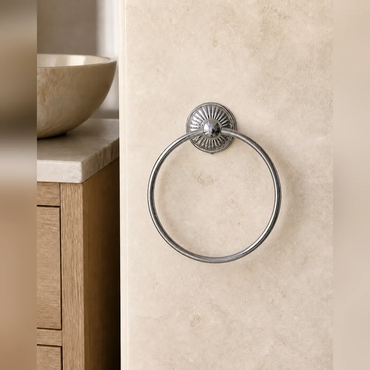 Sunburst Towel Ring staged in a curated room setting one.