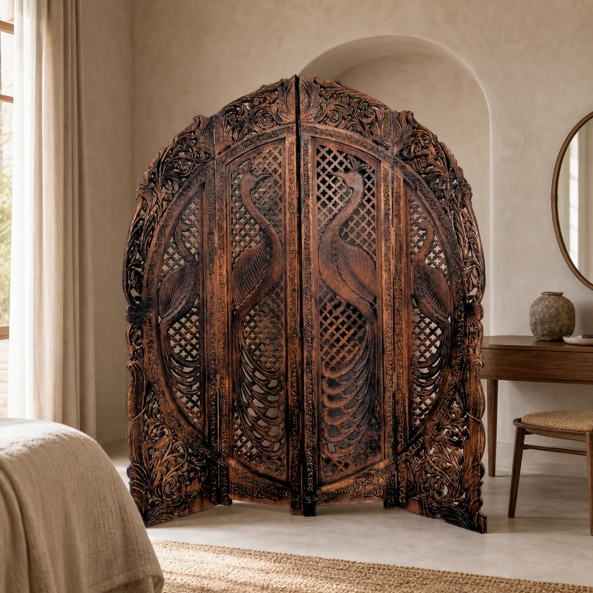 Ovahimba Peacock Room Screen staged in a refined bedroom dressing area.