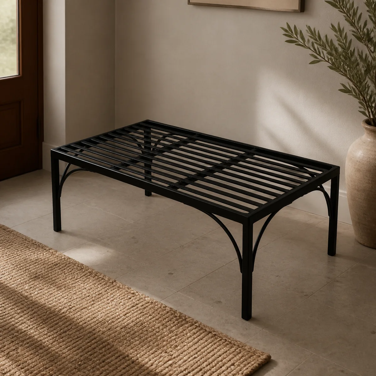 Foundry Slatted Bench staged in a minimal entry hall.